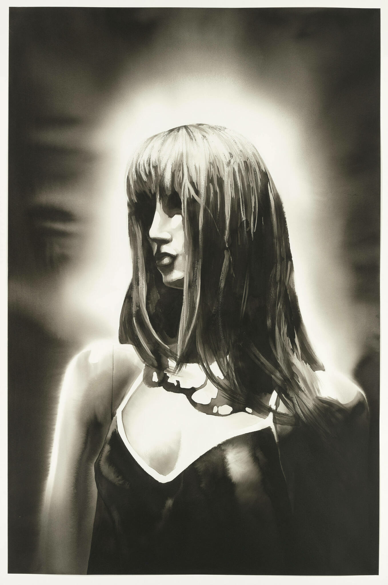 A monochromatic artwork depicting a woman with straight bangs and shoulder-length hair, wearing a dark top with a light necklace or collar detail. The background is abstract with soft light and shadow gradients, giving the image a dreamy, ethereal quality.
