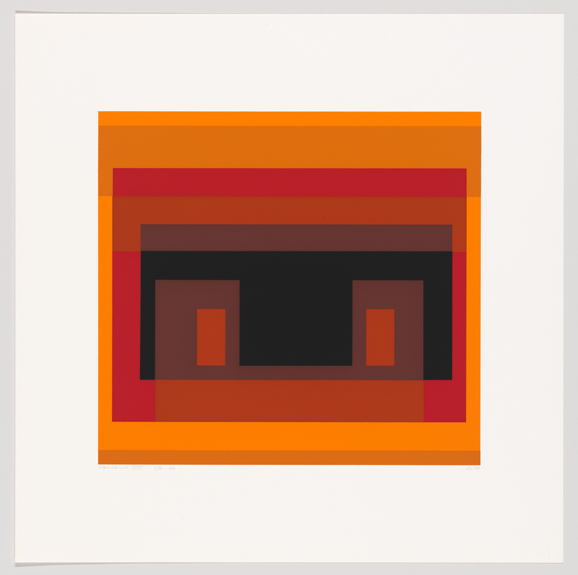 A geometric abstract artwork featuring a series of nested rectangles in shades of orange, red, brown, and black, centered on a white background. The composition creates a sense of depth and optical illusion.