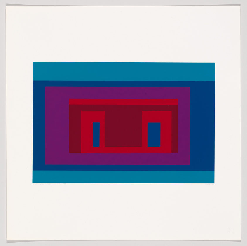 A framed abstract artwork featuring a series of nested rectangles in shades of blue, purple, and red, creating an optical illusion of depth on a white background.