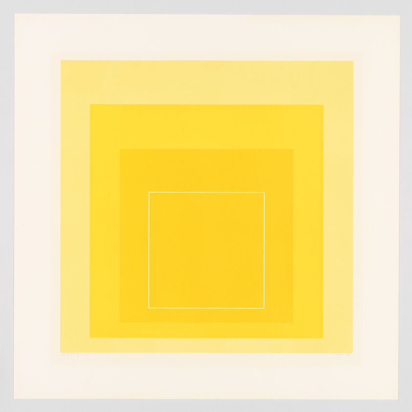 A minimalist artwork featuring a series of three concentric squares in shades of yellow, with each square bordering a lighter shade as they progress inwards, set against a white background.