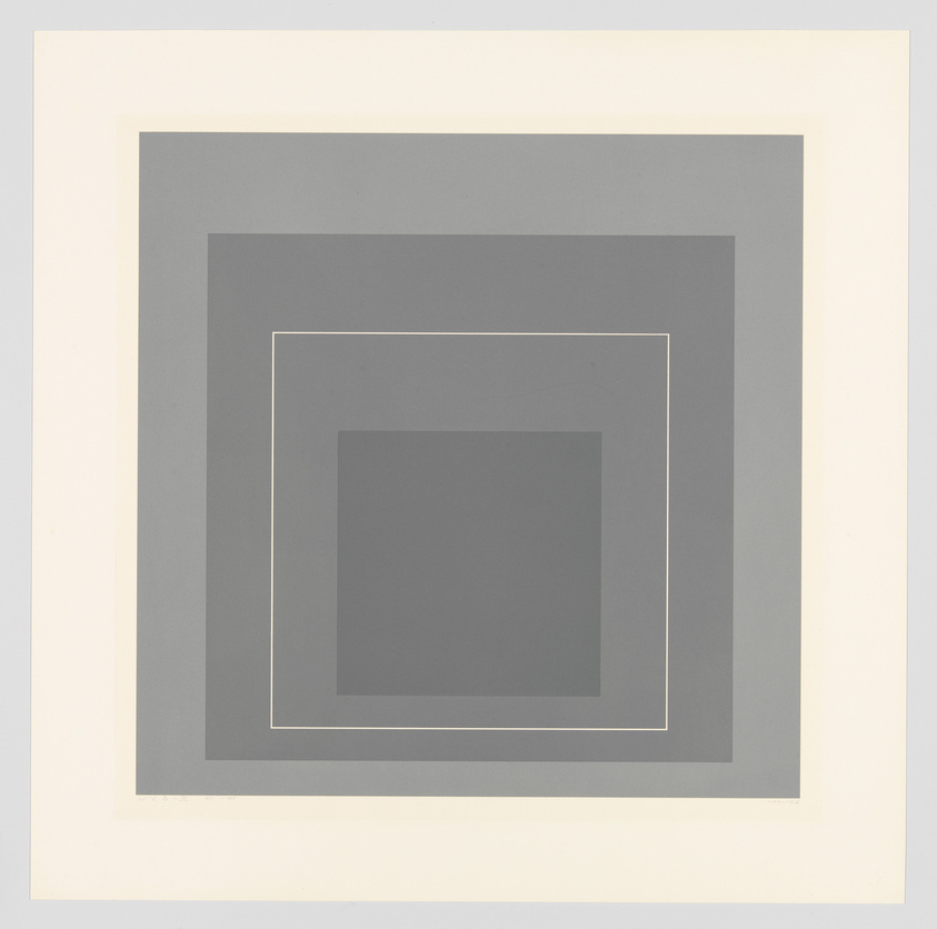 A minimalist artwork featuring a series of three concentric squares, each progressively lighter in shade, creating a sense of depth on a plain background. The squares are centered and precisely aligned, with a wide border around the composition.