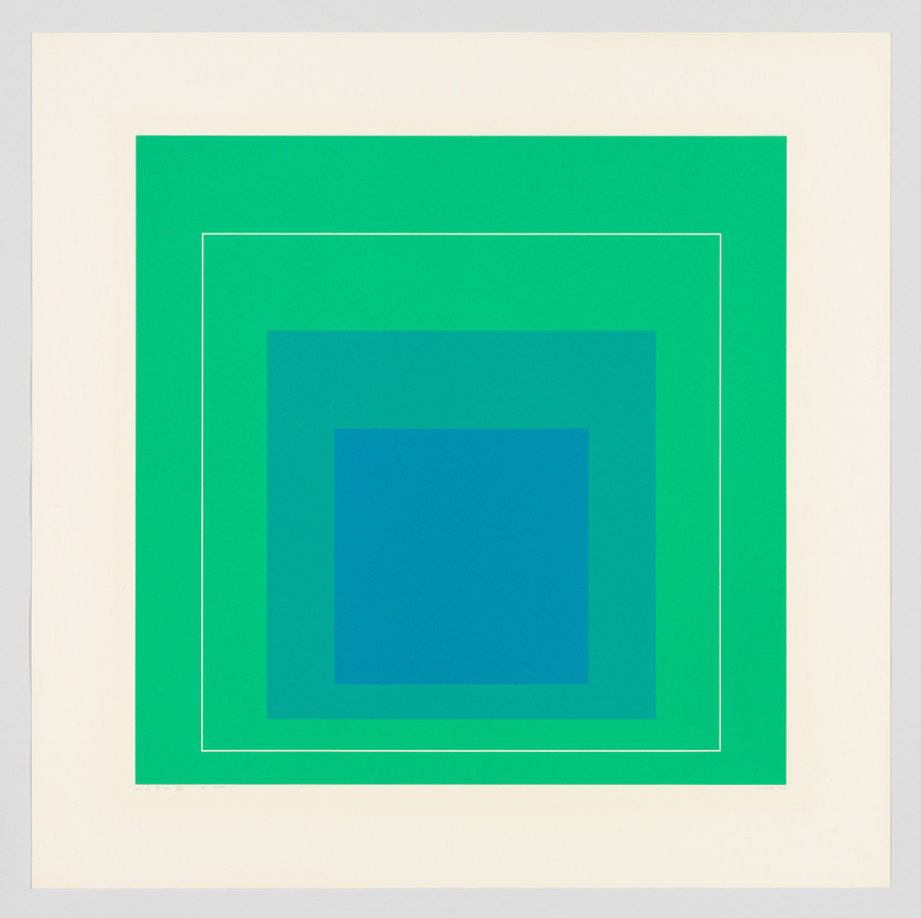 A minimalist artwork featuring a series of three concentric squares with a white border; the outermost square is green, followed by a lighter green, and the innermost square is blue.