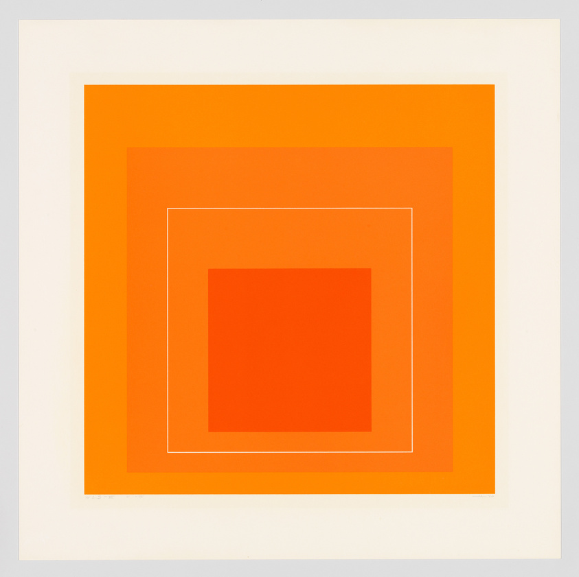 A minimalist artwork featuring a series of concentric squares in shades of orange, with the squares getting progressively darker as they approach the center against a white background.