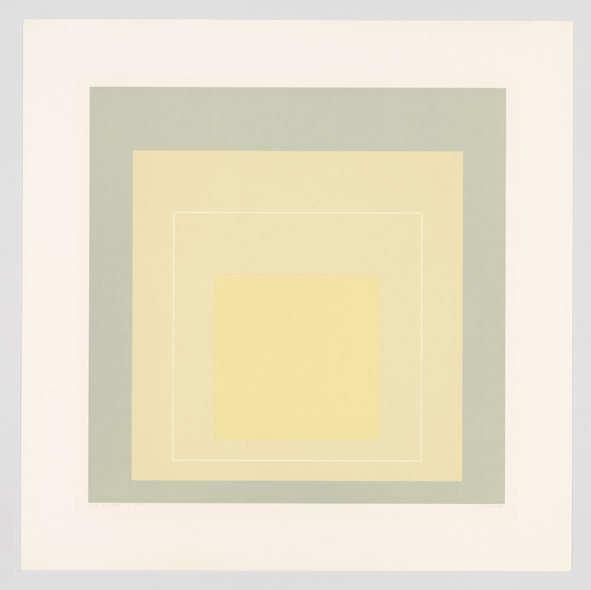 A minimalist artwork featuring a series of concentric squares in shades of yellow and green, with each square bordering the next to create a sense of depth. The image is presented with a white border around the squares.