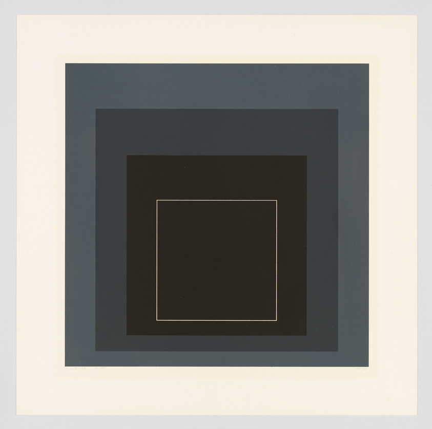 A minimalist artwork featuring a series of nested squares in shades of black, blue, and white, creating an effect of depth on a flat surface.