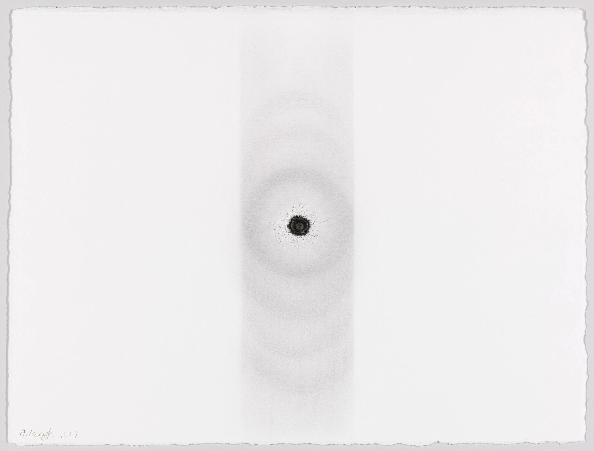 A minimalist artwork featuring a central black dot with concentric grayscale circles radiating outward on a white background, creating a ripple effect. The paper has rough edges and there's a signature at the bottom left corner.