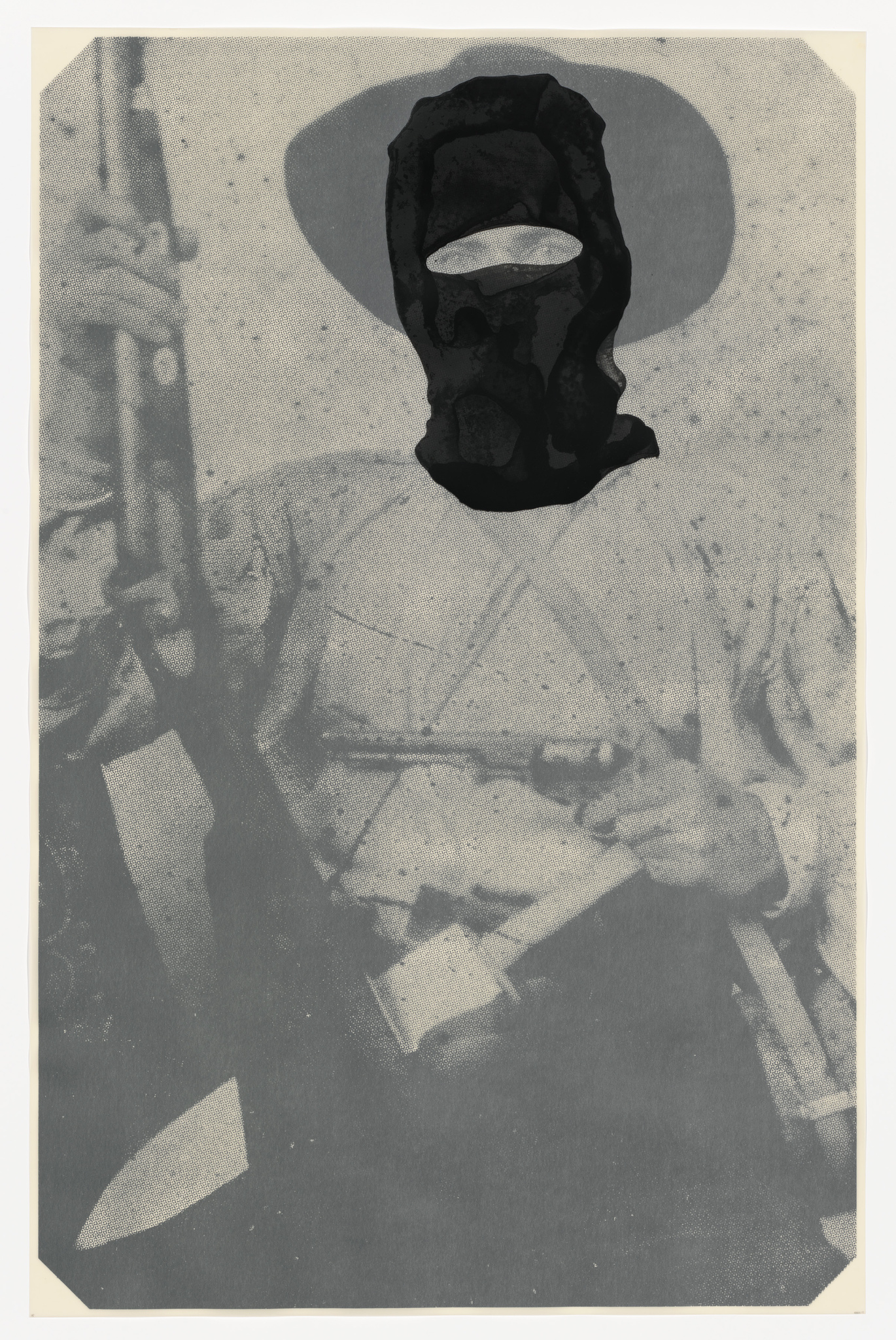 A vintage monochromatic photo of a person with their head replaced by a black abstract shape, obscuring their identity. The individual appears to be holding a rifle, and the image has a grainy, textured quality, suggesting age or artistic alteration.