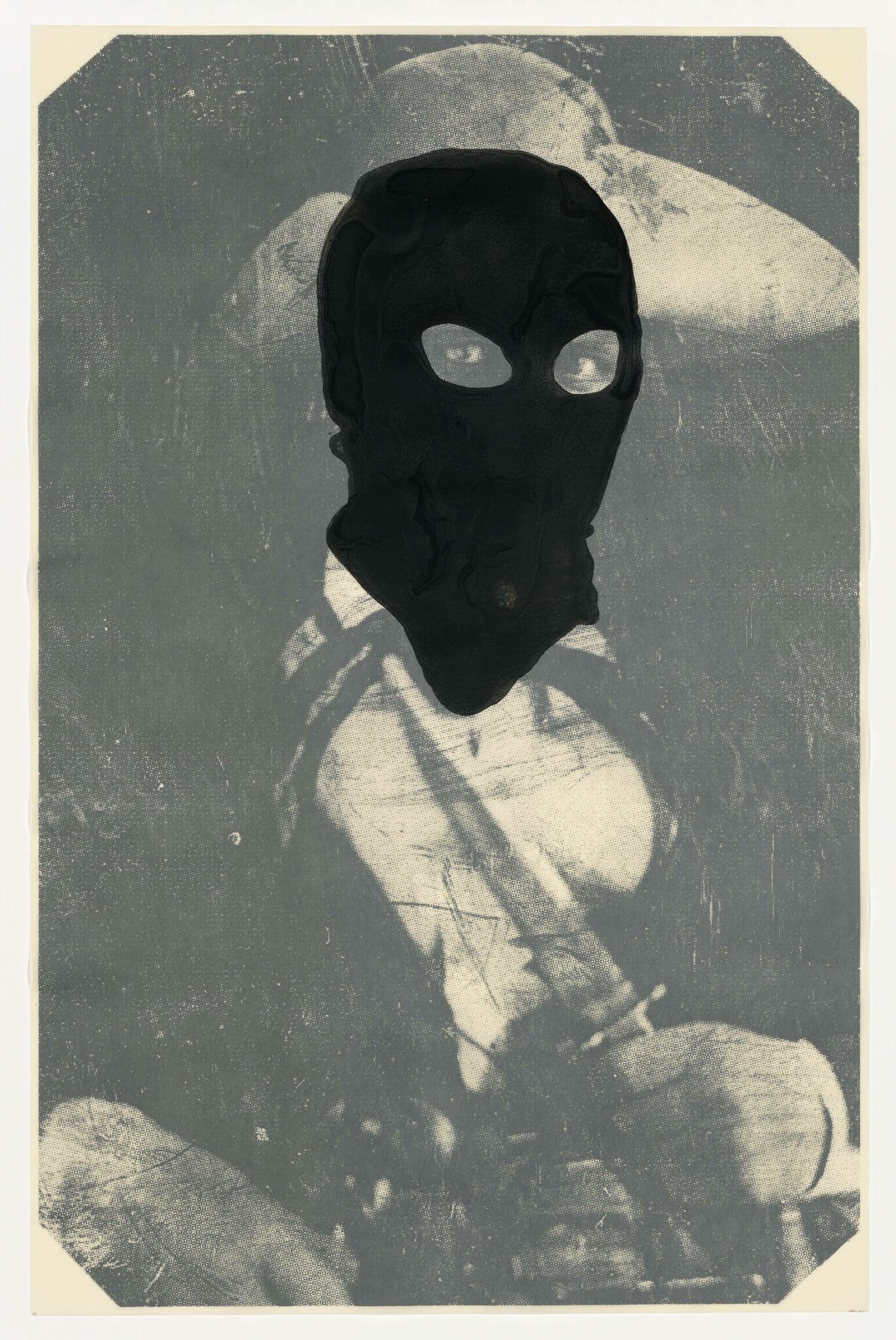 A stylized black and white illustration of a person wearing a full-face mask with eye cutouts, set against a textured background that gives the appearance of an aged photograph. The mask's surface is irregular and crumpled, adding to the mysterious and vintage feel of the image.