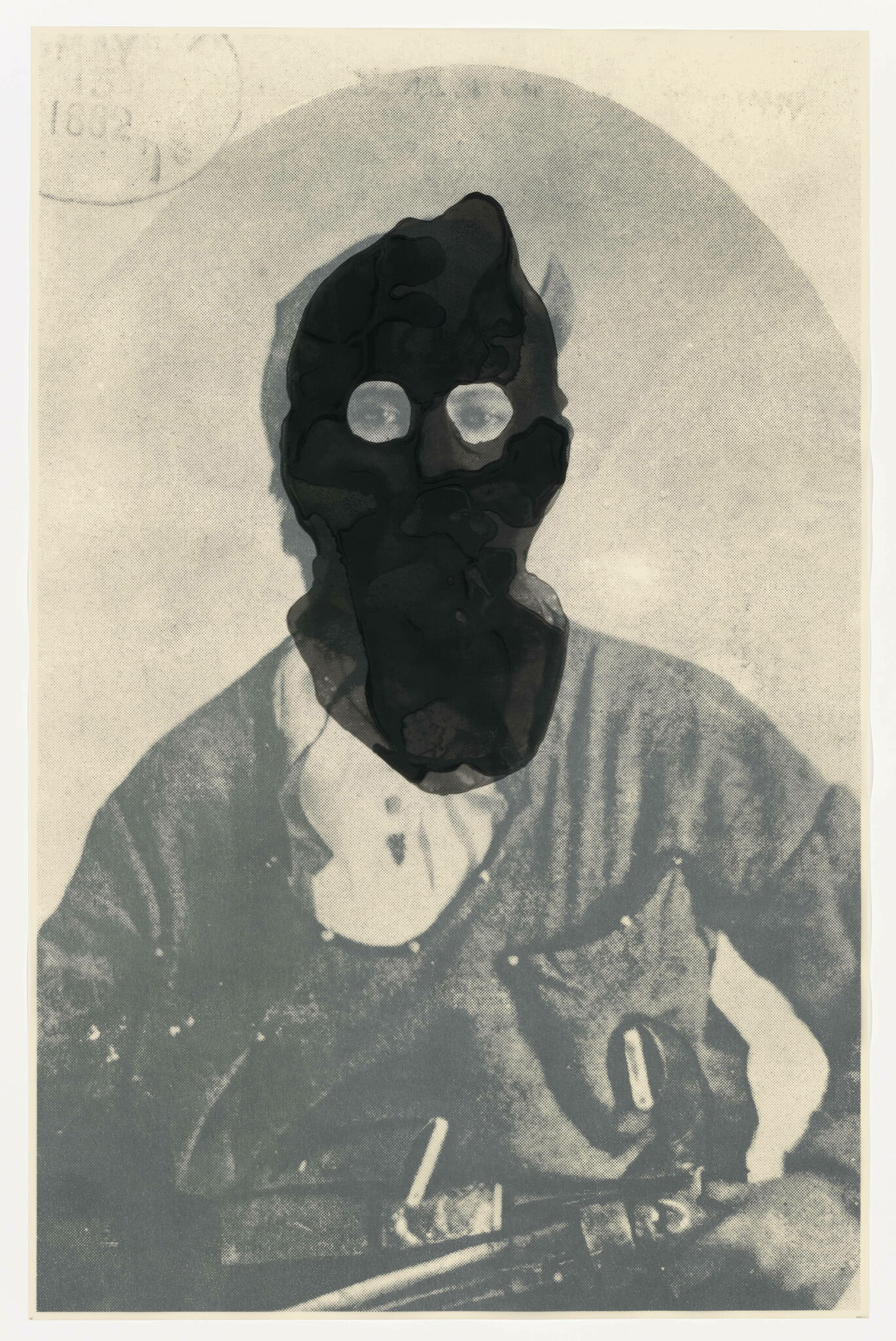 A vintage black and white photograph of a person with their face obscured by a dark, inkblot-like shape. The individual appears to be wearing a suit with a bow tie and is holding what looks like a clarinet. The photo has a postmark and date stamp in the top left corner, suggesting it may have been sent through the mail at some point.