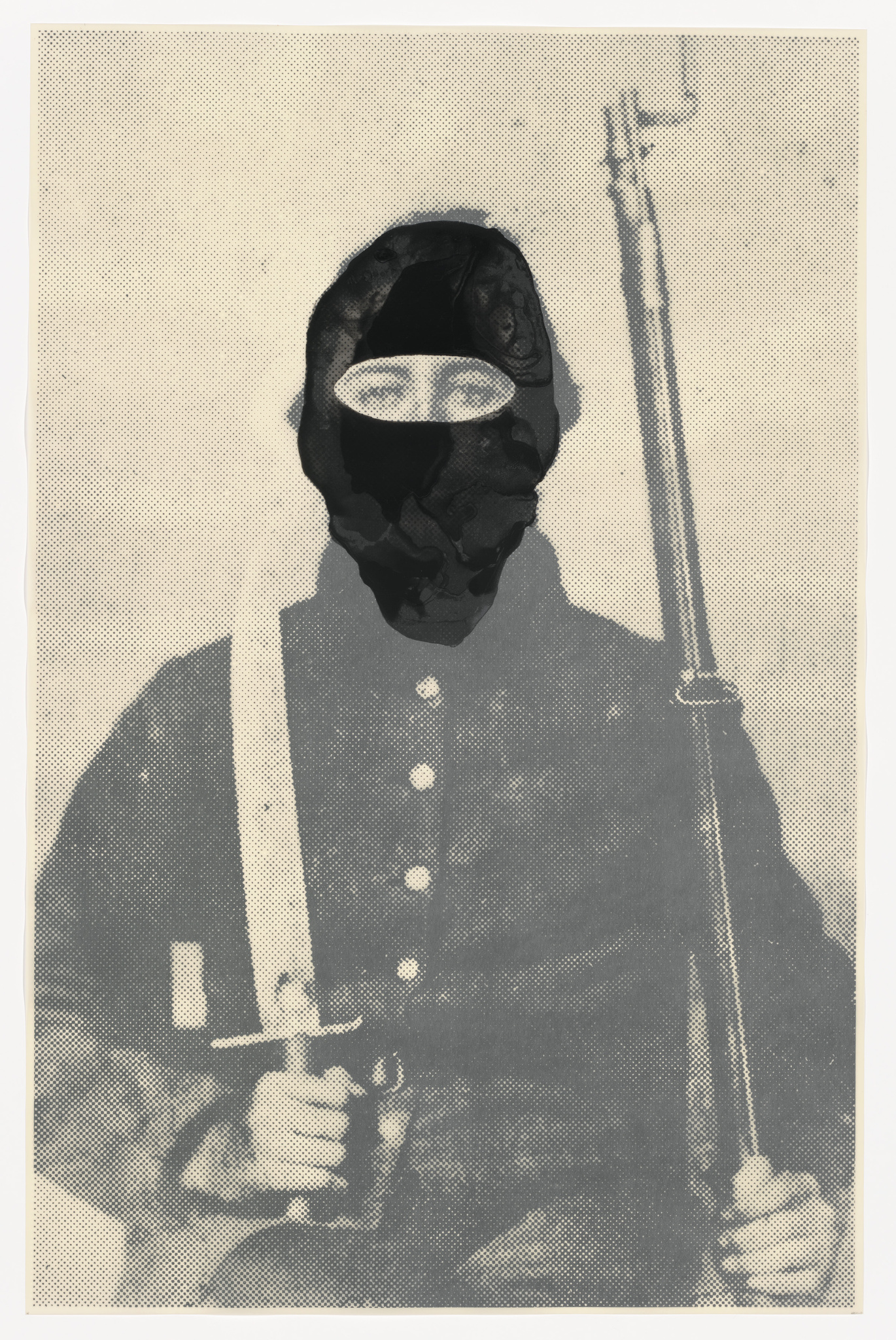 Vintage-style image of a person in a military uniform holding a rifle, with the face obscured by a dark, textured overlay and a white oval where the eyes should be. The photo has a halftone dot pattern, suggesting it may be a print or a scanned image.