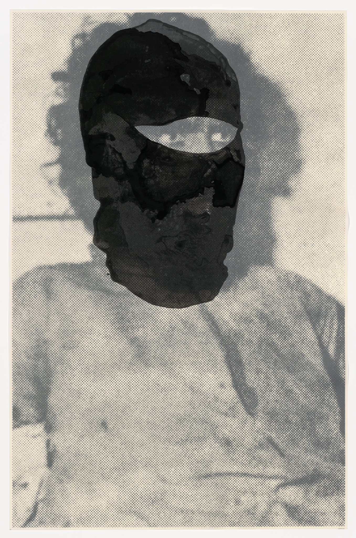 A stylized black and white image of a shadowy figure with an obscured face, set against a textured background with a halftone dot pattern. The figure's facial features are indistinct, creating an abstract and mysterious appearance.