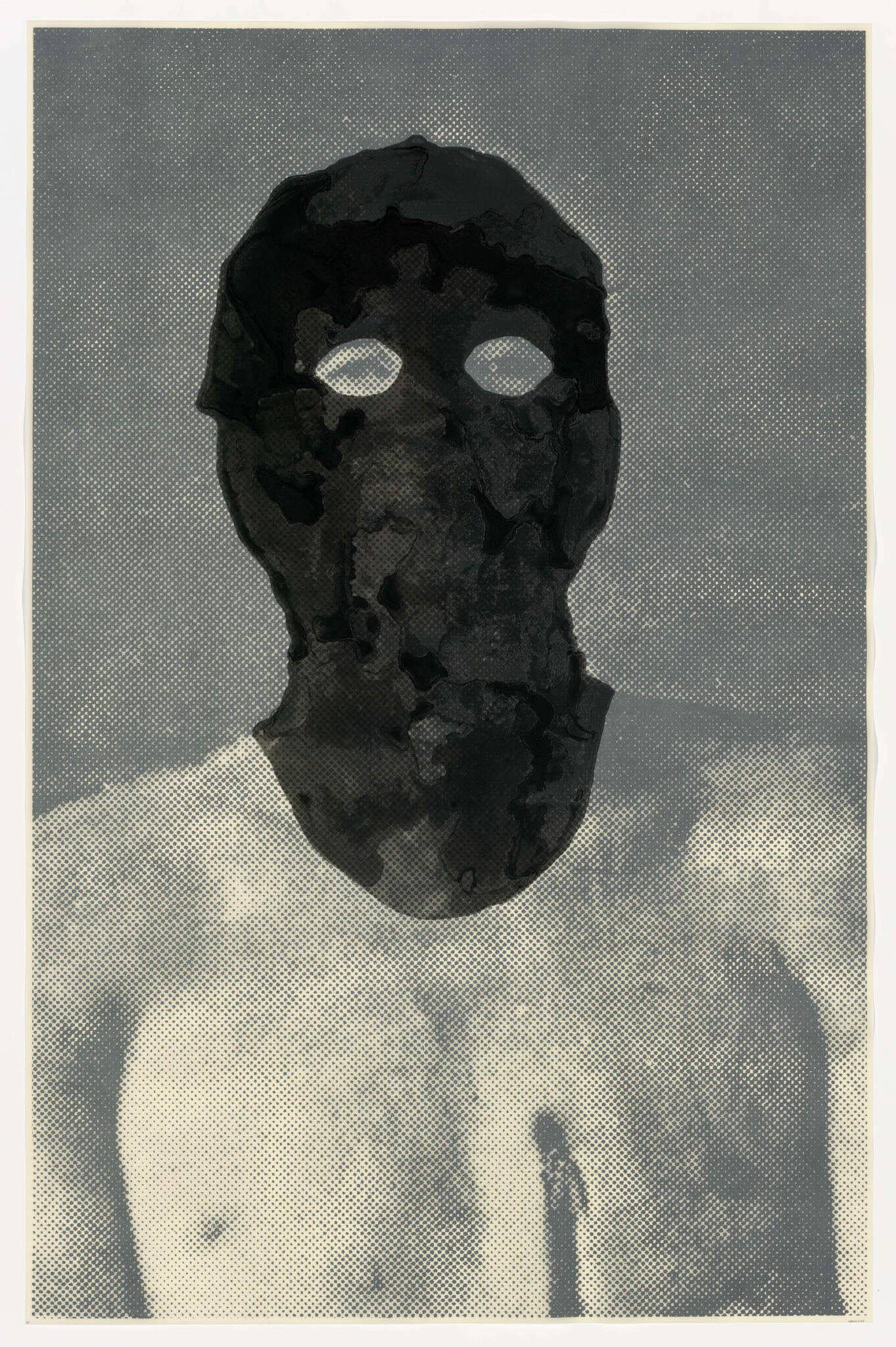 A stylized monochromatic artwork depicting a figure with a distorted, featureless black face and white eyes against a dotted background. The figure appears to be wearing a white shirt, and there's a small silhouette of a person in the lower part of the image, suggesting a perspective of looking down from a great height.