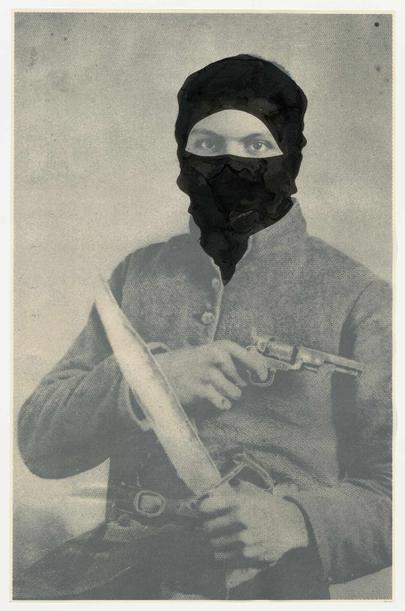 A vintage black and white photo of a person wearing a balaclava, holding a revolver in one hand and a large knife in the other. The individual is dressed in a long-sleeved shirt and appears to be wearing a belt. The photo has a textured, aged appearance, suggesting it is from an earlier era.