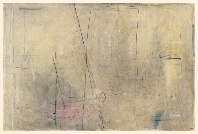 Abstract artwork with intersecting lines and subtle color washes on a weathered background.
