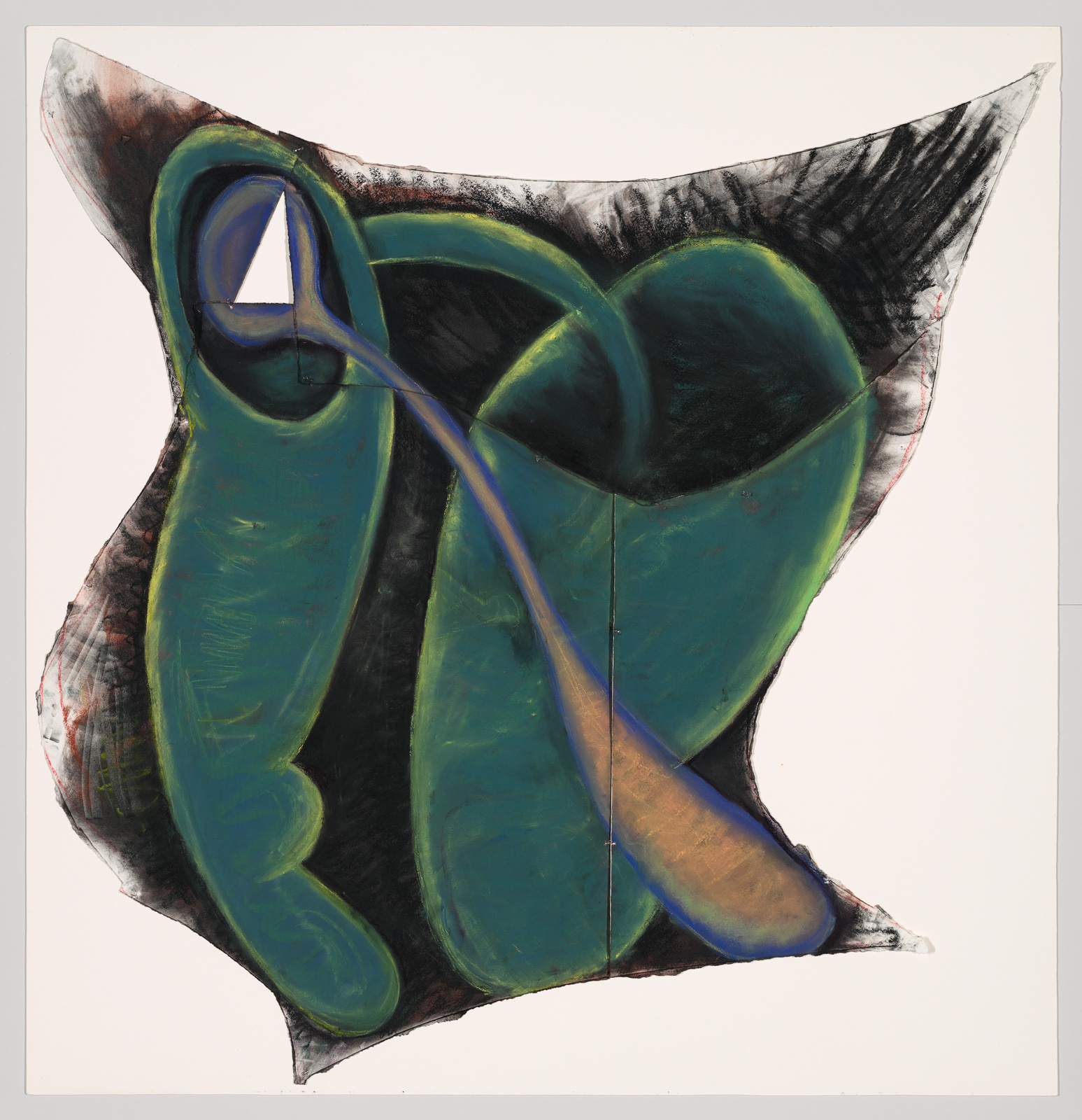 Abstract artwork featuring organic shapes in shades of green with black outlines, accented by a blue line, against a white background. The shapes are reminiscent of leaves or natural forms, with a dynamic, flowing composition.