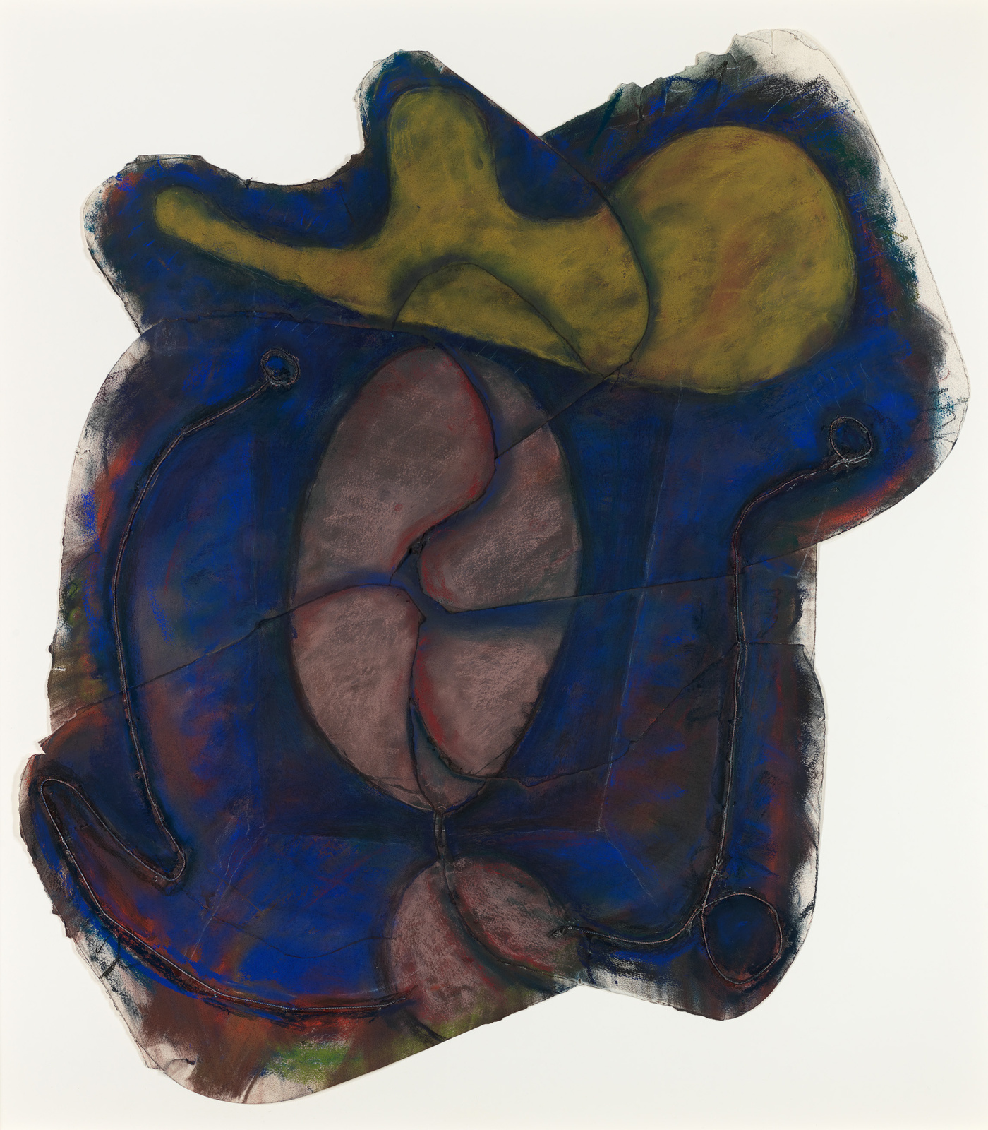 An abstract painting with a blend of dark blue, red, and yellow colors, featuring organic shapes and lines that create a somewhat amorphous and fluid form. The edges of the form are uneven and the overall composition has a sense of depth due to the layering of colors.