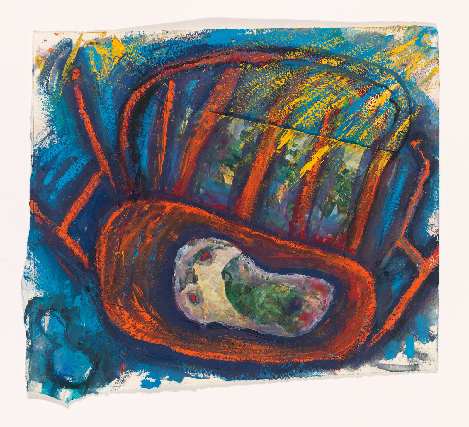 A vibrant abstract painting with bold strokes of red, blue, and yellow. The composition features a central, kidney-shaped form surrounded by thick, curving lines and textured patches of color, suggesting depth and movement on a roughly square canvas with torn edges.