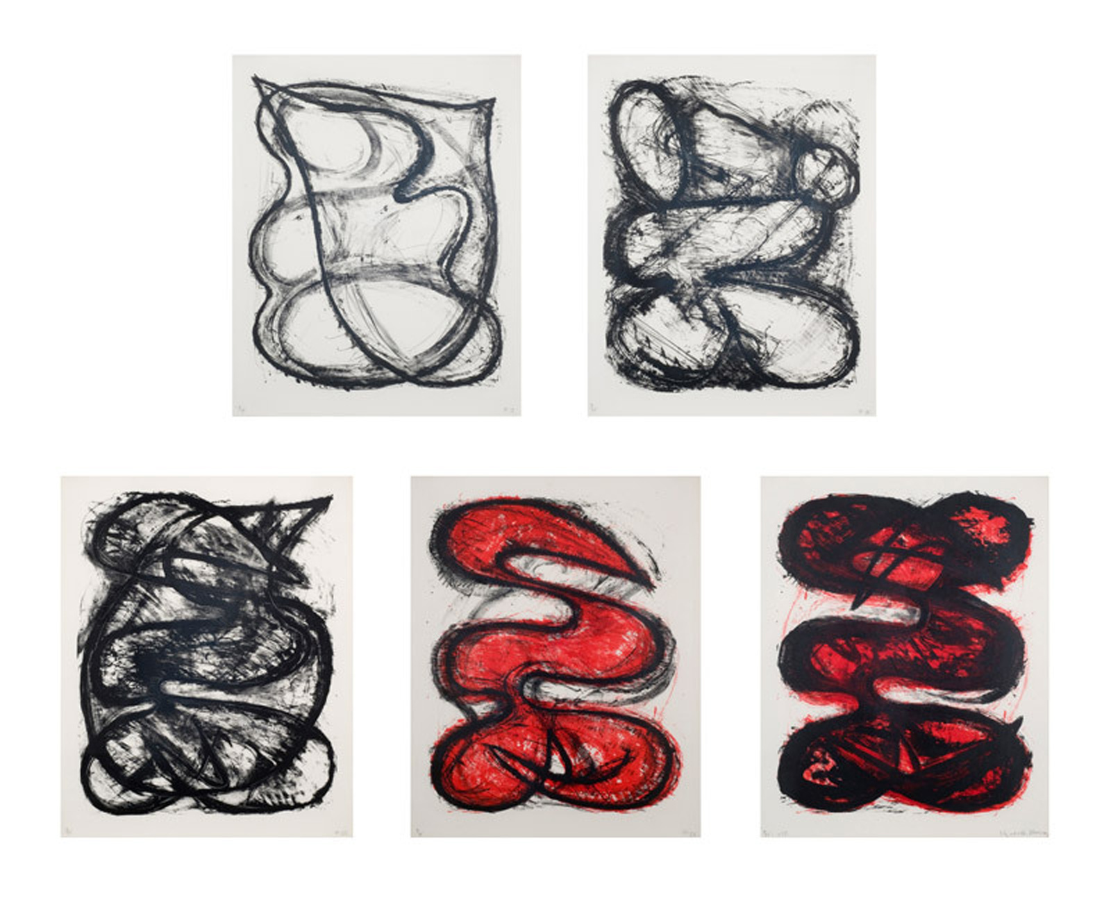 Six abstract artworks displayed in two rows of three, each featuring bold, gestural lines in black and red on a white background. The shapes are organic and fluid, with no discernible figures or objects.
