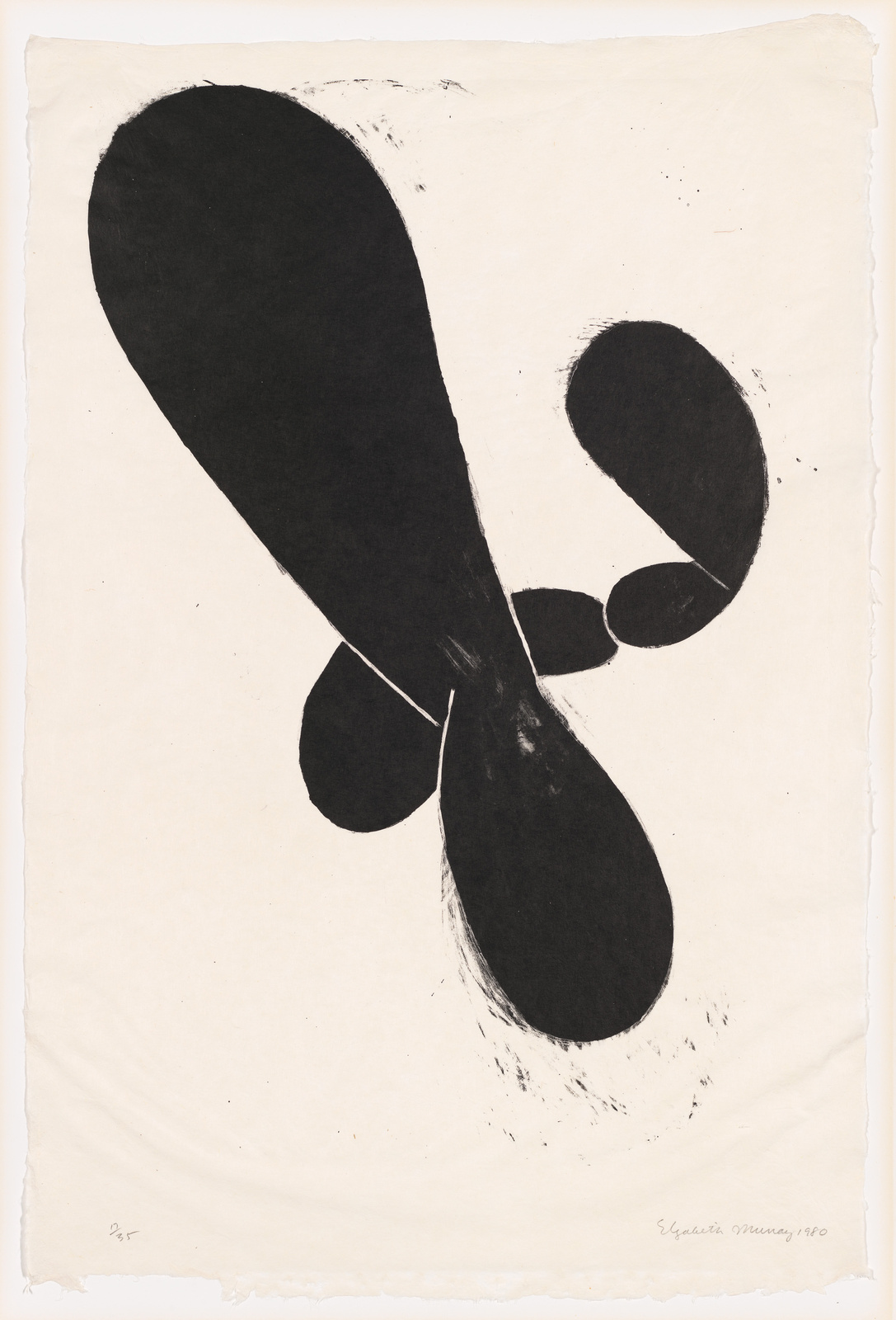 A black and white abstract print featuring bold, organic black shapes on a textured off-white paper. The composition is dominated by a large black form that resembles a footprint or a bean shape, with smaller rounded forms connected to it. There are visible brush strokes and splatters around the shapes, adding to the artwork's dynamic feel. The print is signed and dated in the bottom right corner.