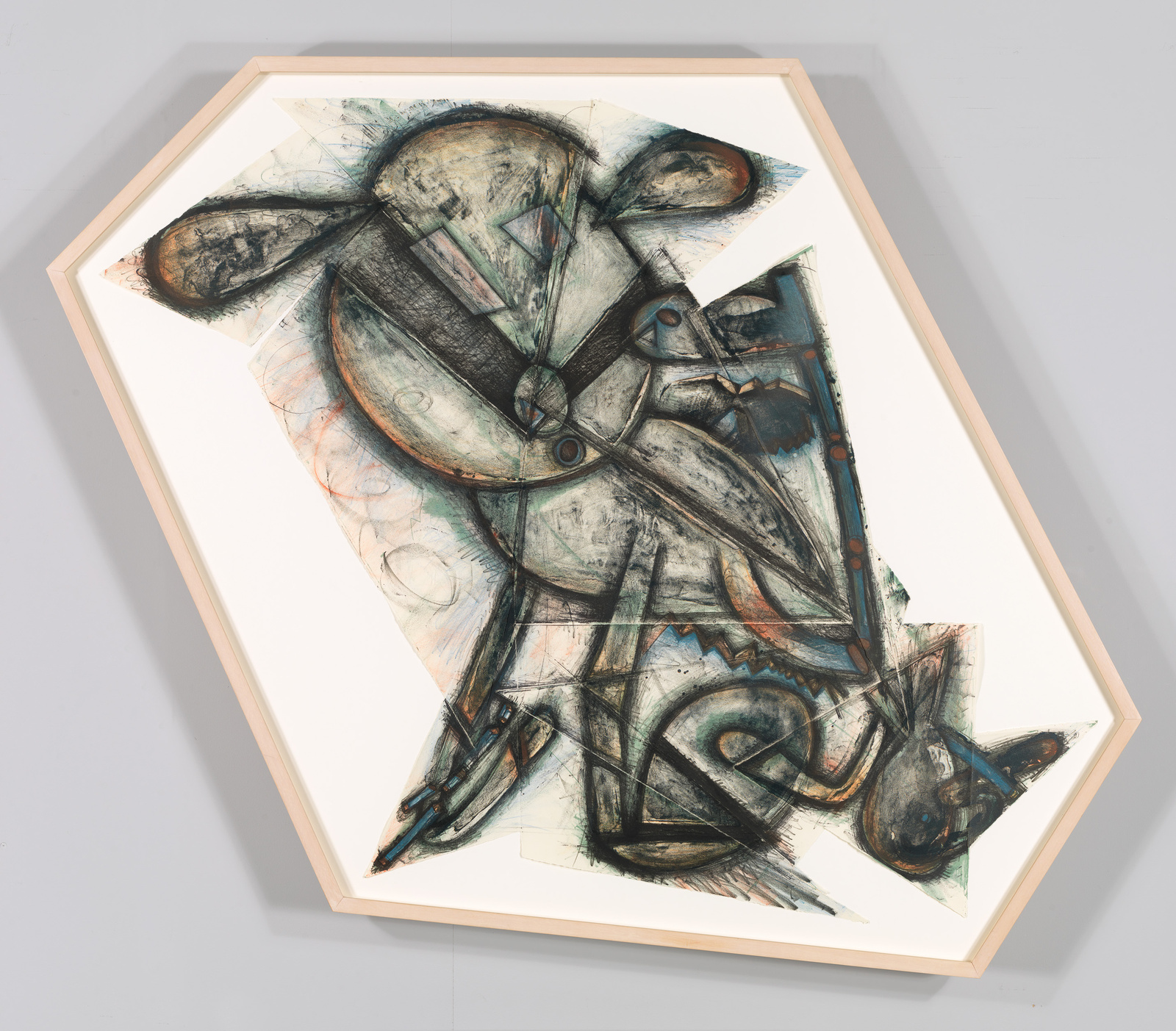 A framed abstract artwork featuring geometric and organic shapes in a muted color palette with prominent black lines, displayed against a light gray background. The shapes suggest fragmented figures and forms that intertwine and overlap.