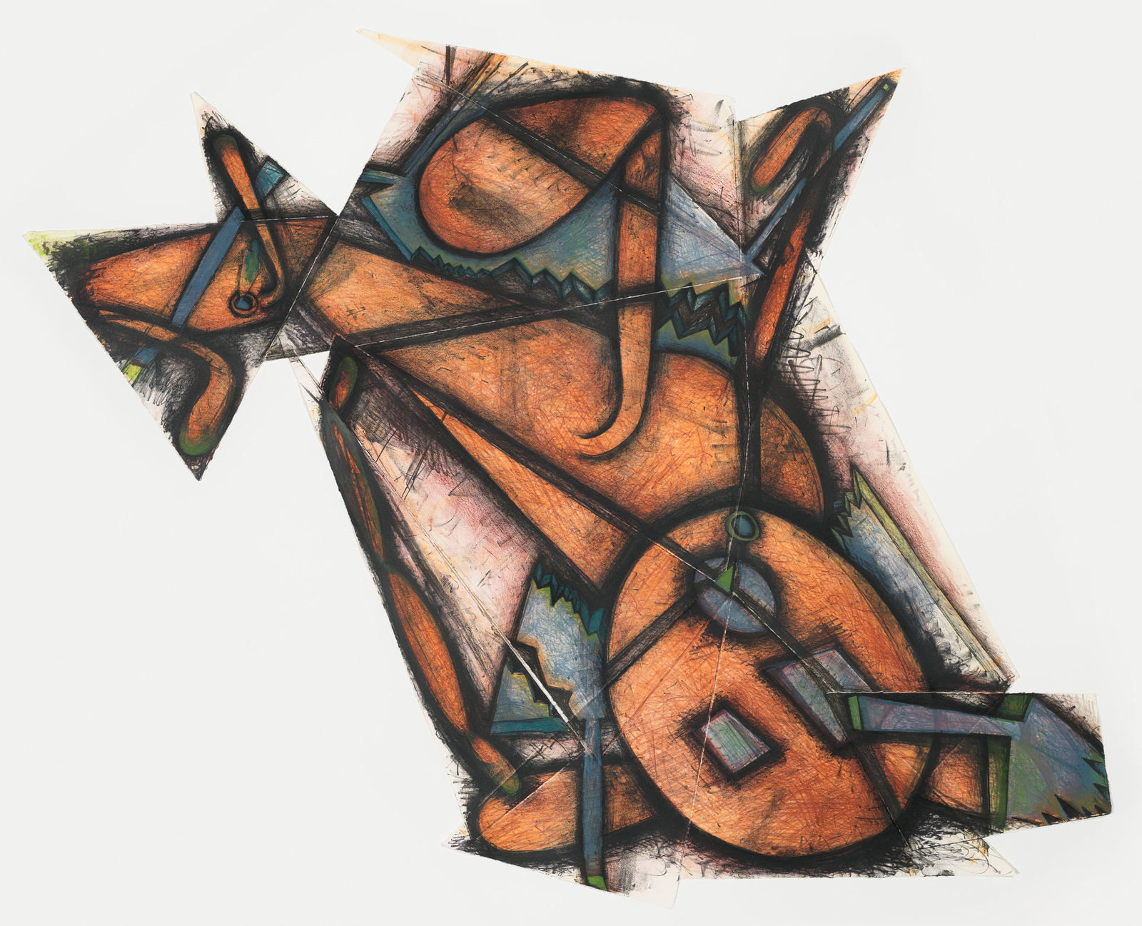 An abstract cubist-style drawing of a figure with fragmented and geometric shapes in a palette of oranges, blacks, and greens, with visible sketch lines and shading, giving it a textured appearance.