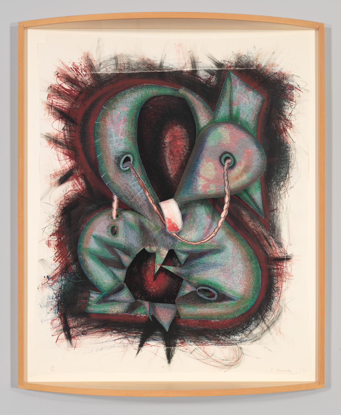 A framed abstract artwork featuring a complex interplay of shapes and colors, with prominent reds and greens creating a sense of depth and movement. The piece has a dynamic, almost chaotic quality, with elements that suggest both organic and geometric forms intertwined. The artwork is signed and dated in the bottom right corner.