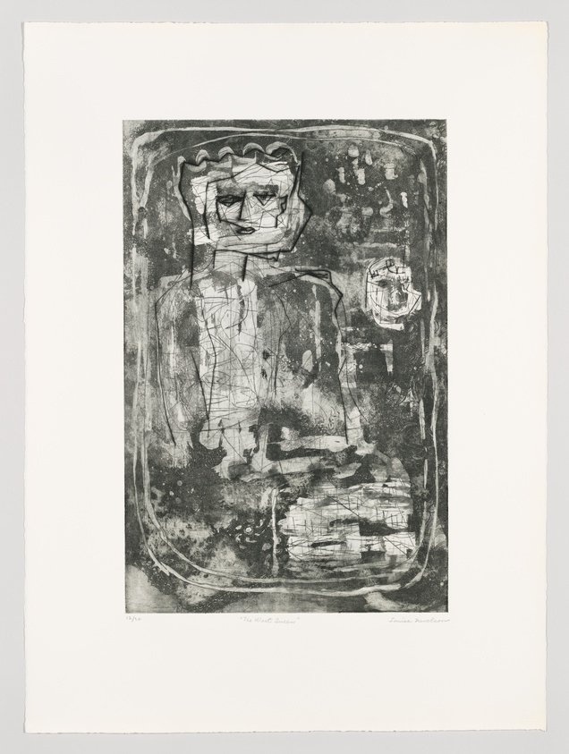 This is an abstract black and white etching featuring a distorted figure that appears to be a face and upper torso with a chaotic background. The figure has prominent, wavy lines for hair and simplified facial features. There are various abstract shapes and marks throughout the composition. The artwork is titled "The Sick Child" and is signed by the artist in the lower right corner. The print is numbered 12/50 in the lower left corner. The image is centered on a white background with ample border space around the artwork.