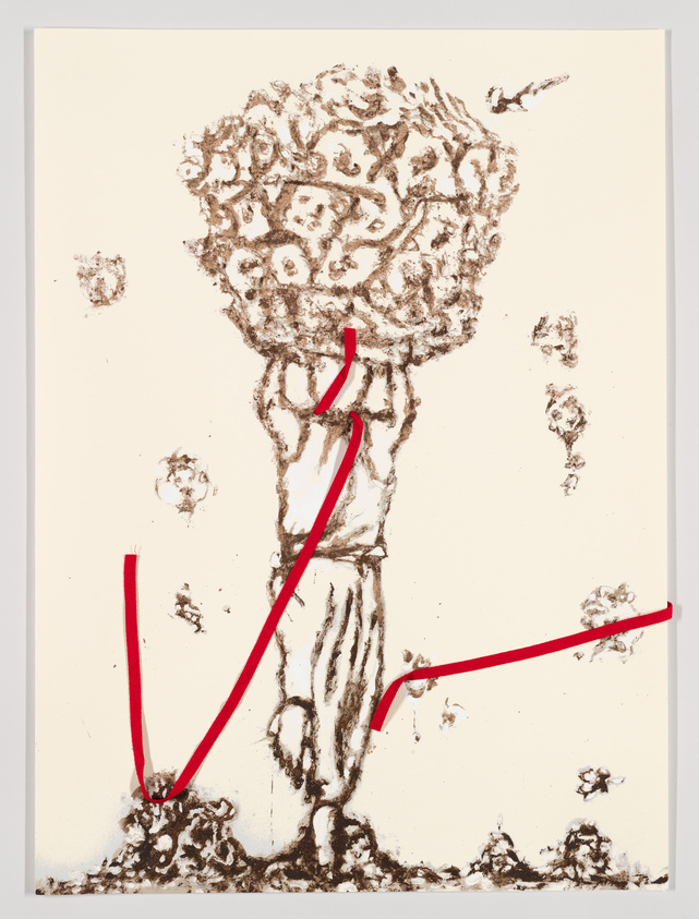 Abstract artwork featuring a textured brown tree-like form on a cream background with red ribbon elements extending from the base and through the center, suggesting a tree trunk and branches.