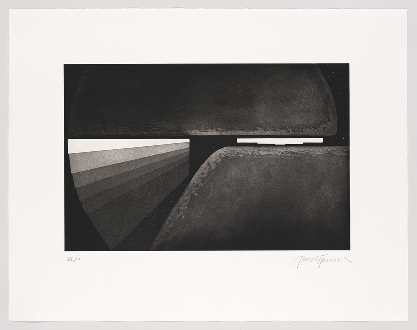 A black and white abstract print featuring geometric shapes and contrasting textures. The left side shows a triangular form with horizontal stripes, while the right side depicts a dark, textured space with a central rectangular gap. The artwork is signed in the bottom right corner and numbered in the bottom left.