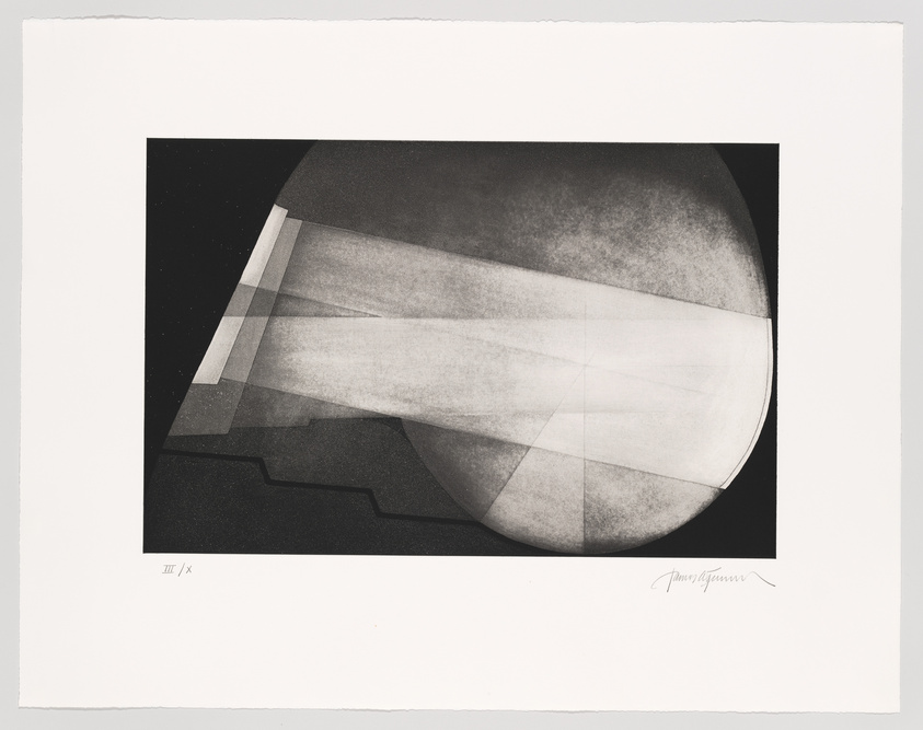 A black and white abstract print featuring geometric shapes and light gradients. The central figure appears to be a semi-transparent cone or cylinder casting shadows and light rays, set against a dark background with a jagged line at the bottom. The print is numbered and signed by the artist in the lower margin.