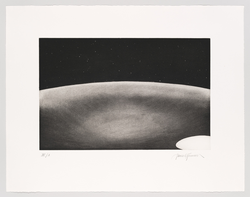 A black and white print depicting a celestial scene with a textured lunar-like surface in the foreground and a star-filled sky above. The lower right corner features a signature, and the lower left corner has a fraction, possibly indicating the print number in a series.