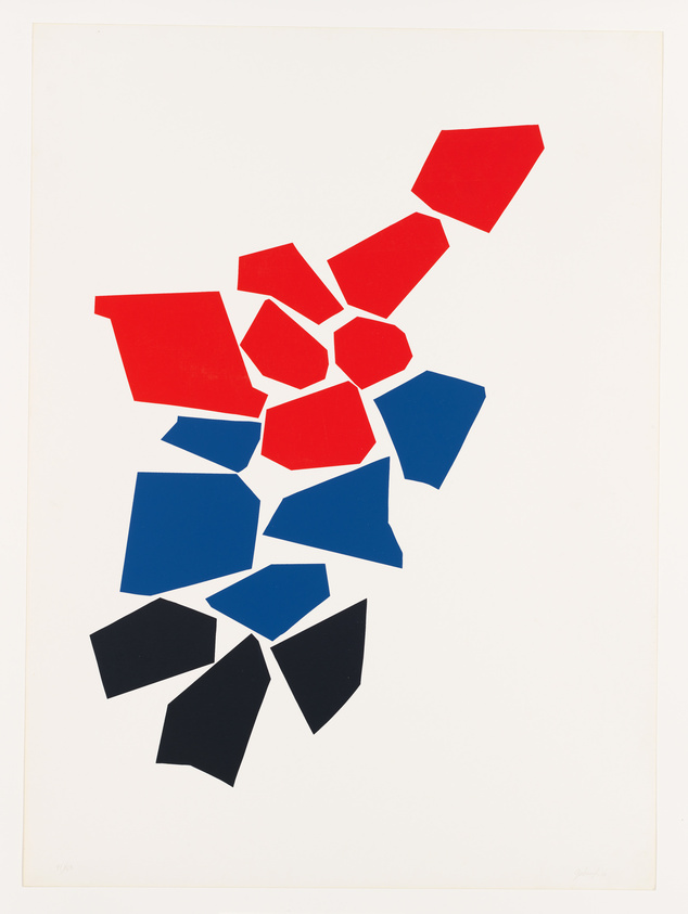 A graphic artwork featuring an abstract composition of geometric shapes in red, blue, and dark blue on a white background. The shapes are arranged in a seemingly random cluster, creating a dynamic and fragmented visual effect.