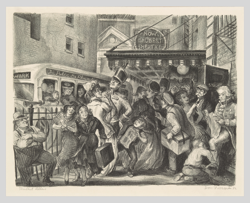 Vintage illustration of bustling theater entrance with actors, a streetcar, and onlookers, evoking early 20th-century city life.