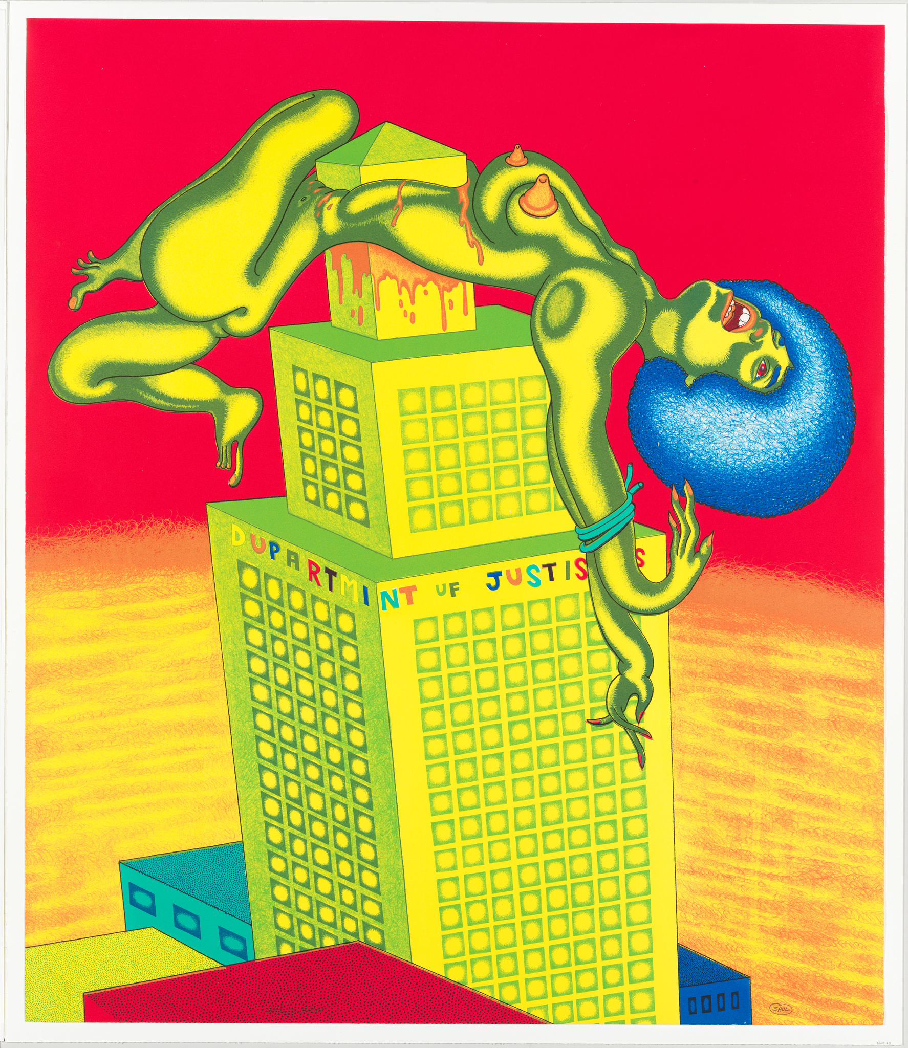 A vibrant illustration depicting a green, humanoid figure with a blue head, draped over a yellow building labeled "DEPARTMENT OF JUSTIS." The figure appears to be melting over the structure, with a surreal and exaggerated expression on its face. The background is a stark red with a yellow gradient at the bottom, suggesting a surreal or dreamlike setting.