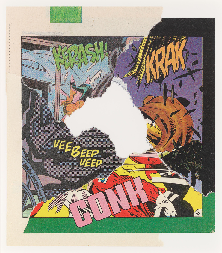 A vibrant comic book panel featuring onomatopoeic sound effects such as "KERASH," "KRAK," "VEE BEEP VEEP," and "CONK" in bold, stylized lettering, suggesting dynamic action. The image is partially obscured by a white cloud-like shape in the center. The background shows abstracted illustrations of what appears to be a cityscape and a figure with yellow hair, indicating a chaotic scene. The panel is bordered by a green tape at the top and has rough edges, giving it a collage-like appearance.