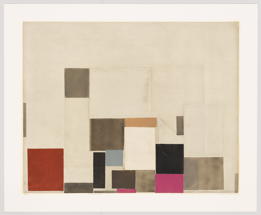 A modern abstract painting featuring a composition of variously sized rectangles and squares in muted tones of beige, brown, gray, and black, with accents of red and pink, on a cream-colored background. The arrangement suggests a sense of balance and subtle layering, evoking a minimalist aesthetic.