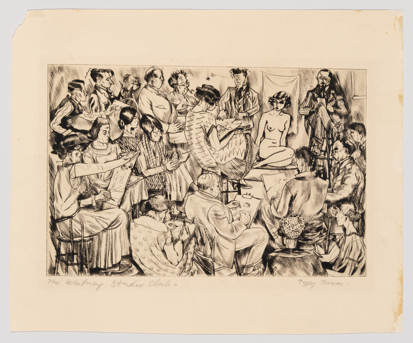 Sketch of a bustling art studio with artists drawing a central female model; signed "The Whitney Studio Club" and "Peggy Bacon."