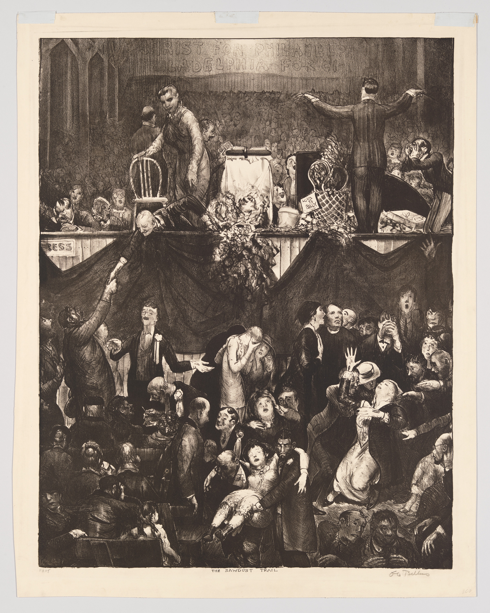 This is a detailed black and white etching depicting a chaotic courtroom scene titled "The Sawdust Trail." The image is filled with a variety of exaggerated characters, including a central figure standing on a table with arms outstretched, a man holding a birdcage, and numerous onlookers with expressive faces showing a range of emotions. The background features a banner with the text "TRUST SON PHILADELPHIA BRIDE GROOMING FOR CO." The foreground is crowded with people, some of whom are engaged in animated conversation, while others appear to be in distress or shock. The artwork is signed "Geo Bellows" at the bottom right.