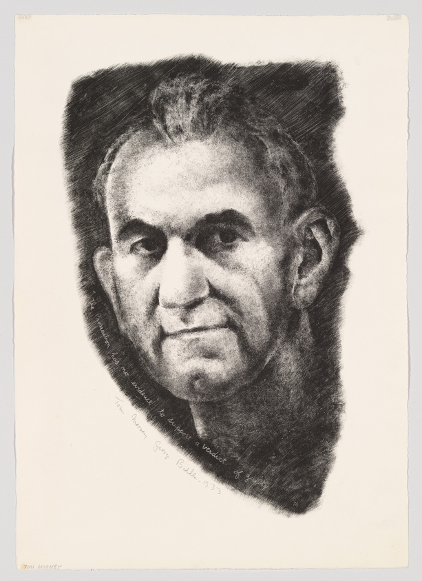 A detailed black and white lithograph portrait of a man with a serious expression, featuring dark hair, prominent ears, and a strong jawline. The image includes text at the bottom that appears to be a signature and a date, suggesting the artwork's completion or dedication.