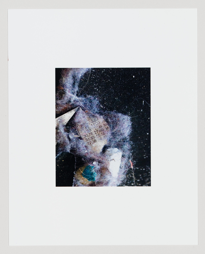 A photograph of a deteriorated piece of paper with printed text, partially obscured by cobweb-like filaments, against a dark background, all mounted on a white border.