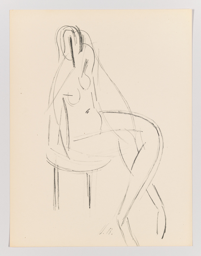 A minimalist line drawing on a beige paper depicting a seated female figure with her head resting on her knee, executed with quick, expressive strokes. The artist's initials are in the lower right corner.