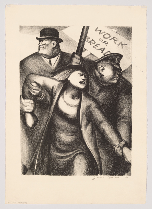A black and white lithograph depicting a dramatic scene with three figures. On the left, a man in a suit and hat appears stern, holding a baton. In the center, a woman with flowing hair and a determined expression is striding forward, her arm outstretched. To the right, another man in a hat and coat is seen in profile, looking ahead. Behind them, a banner reads "WORK OR BREAD." The artwork conveys a sense of urgency and protest. The artist's signature and the year '34 are visible at the bottom right, and the phrase "THE LORD PROVIDES" is at the bottom left.