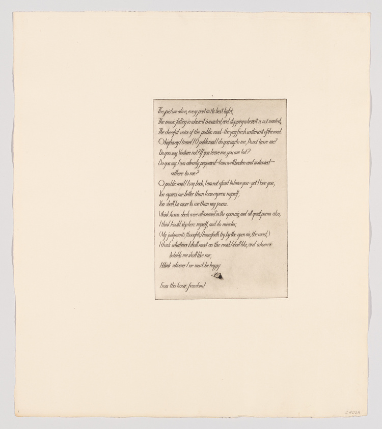 An artwork featuring a poem printed in the center of a beige paper with a small illustration of a fly at the bottom right corner. The text is enclosed in a fine black border, and the paper has ample blank margins around the text block.