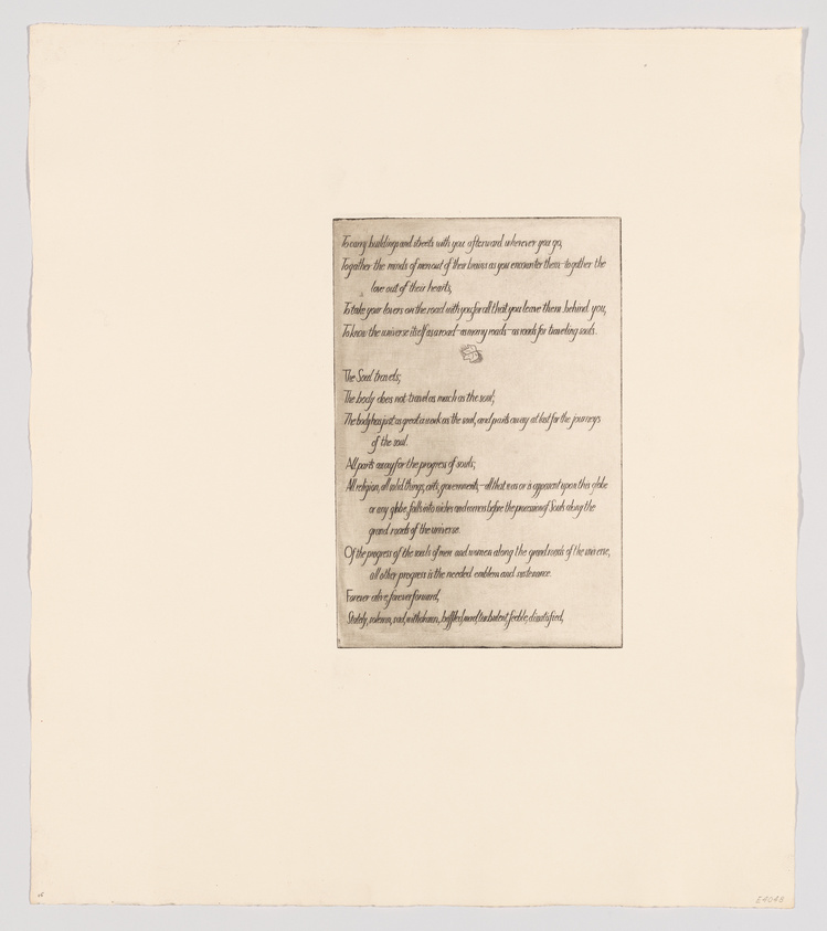 A photograph of an artwork featuring a square piece of paper with a poem printed in the center, surrounded by a wide, blank margin. The text of the poem is legible and centered on the page.