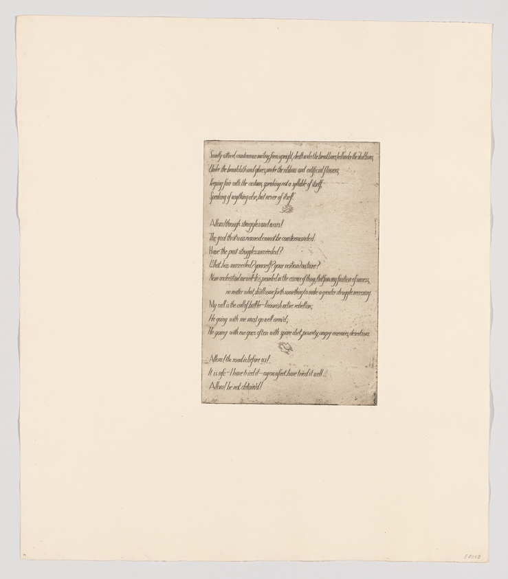 A vintage printed page with text is centered on a larger, blank sheet of paper. The text appears to be a poem or excerpt, written in an old-fashioned script, and the paper with the text has aged edges, suggesting historical significance.