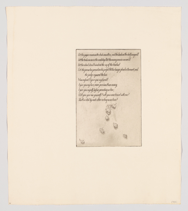 A vintage-looking artwork featuring a square of text surrounded by a plain border, with several sketched leaves scattered below it on an off-white paper background. The text appears to be a poem or a piece of prose.