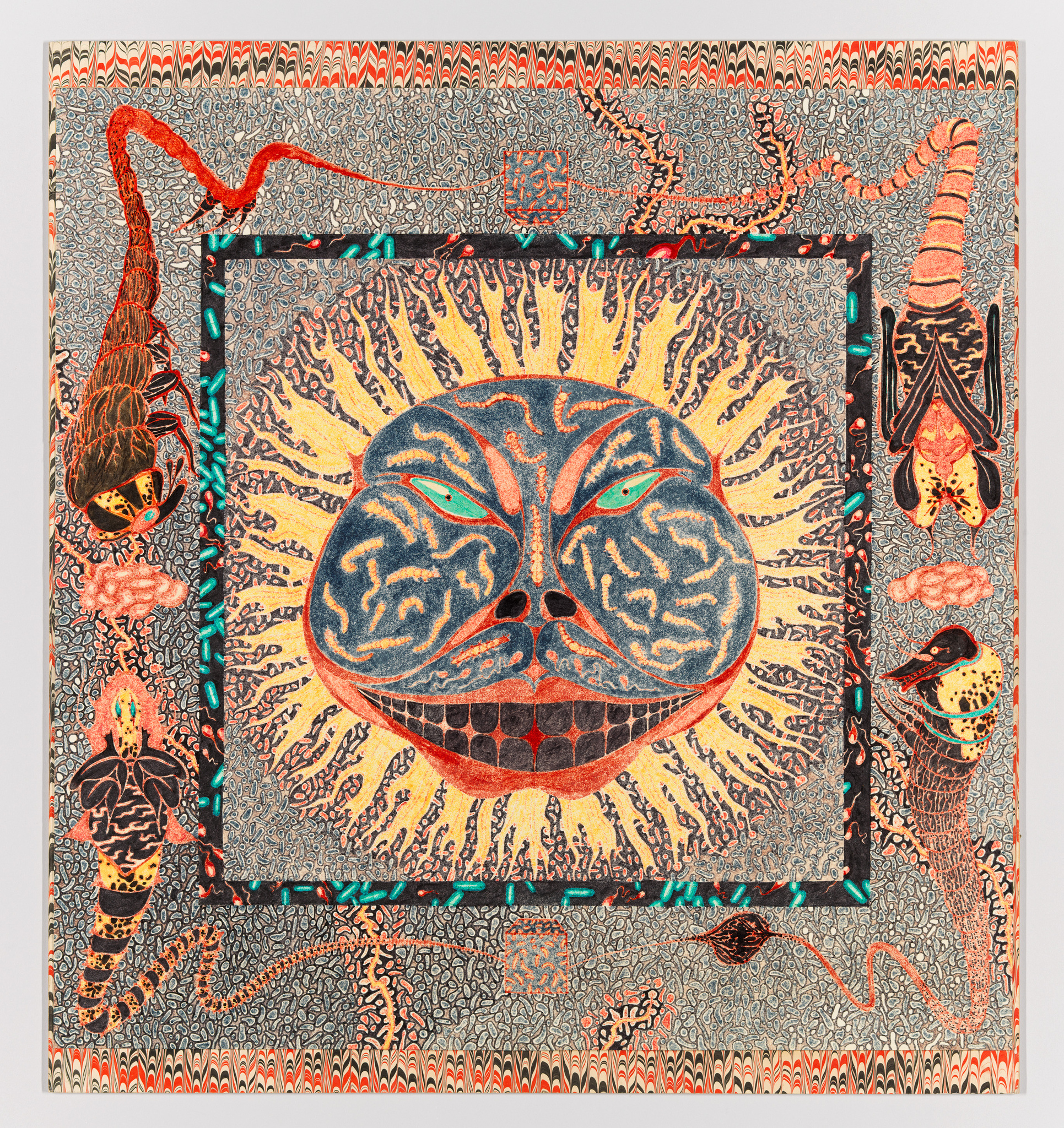 Colorful abstract artwork featuring a sun with a face, surrounded by intricate patterns and creatures.