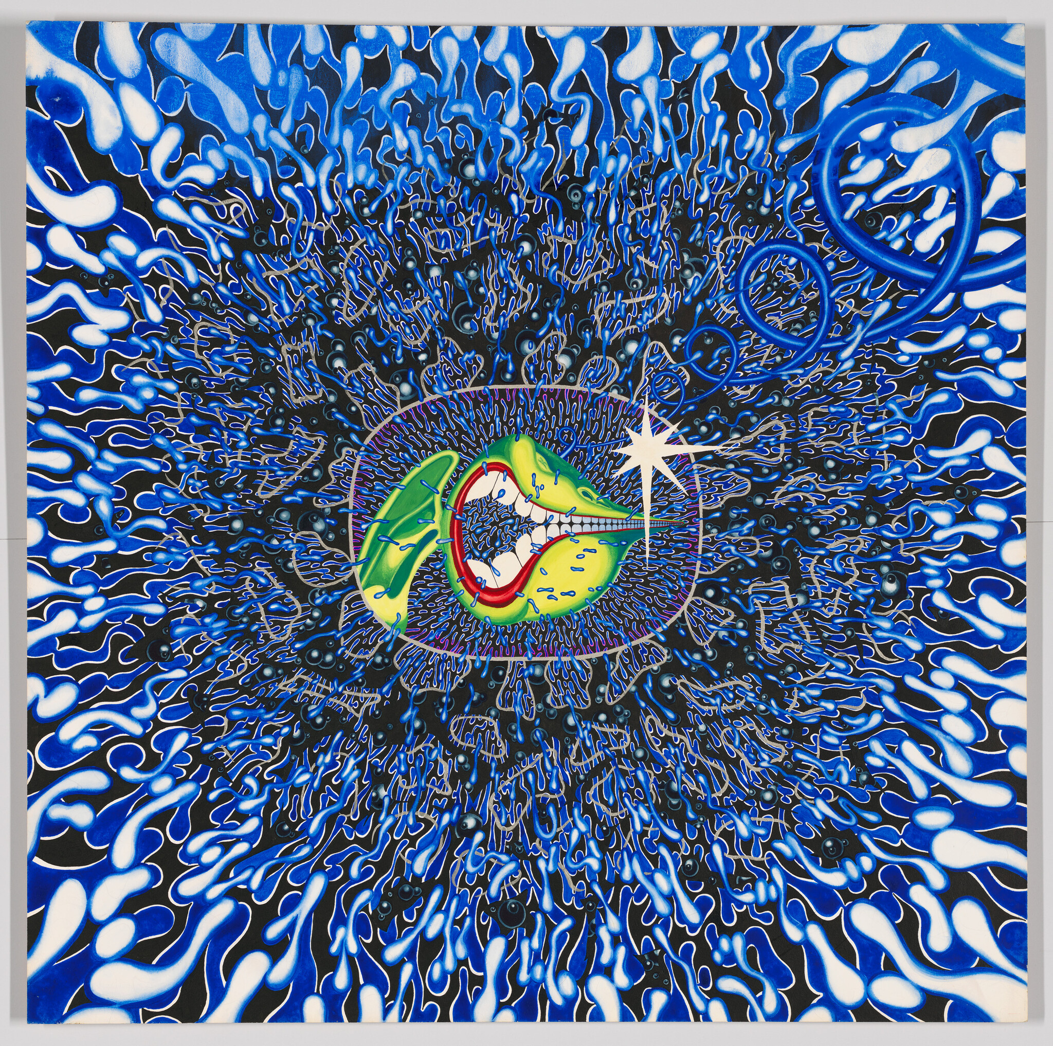 A vibrant and psychedelic artwork featuring a central motif of a colorful, stylized eye with a green iris, red and yellow outlines, and a white starburst near the pupil. The eye is surrounded by an intricate pattern of wavy, radiating lines in various shades of blue, creating an illusion of movement and depth. The background is filled with a dynamic and fluid blue pattern that resembles ripples on water, contributing to the overall trippy and mesmerizing effect of the piece.