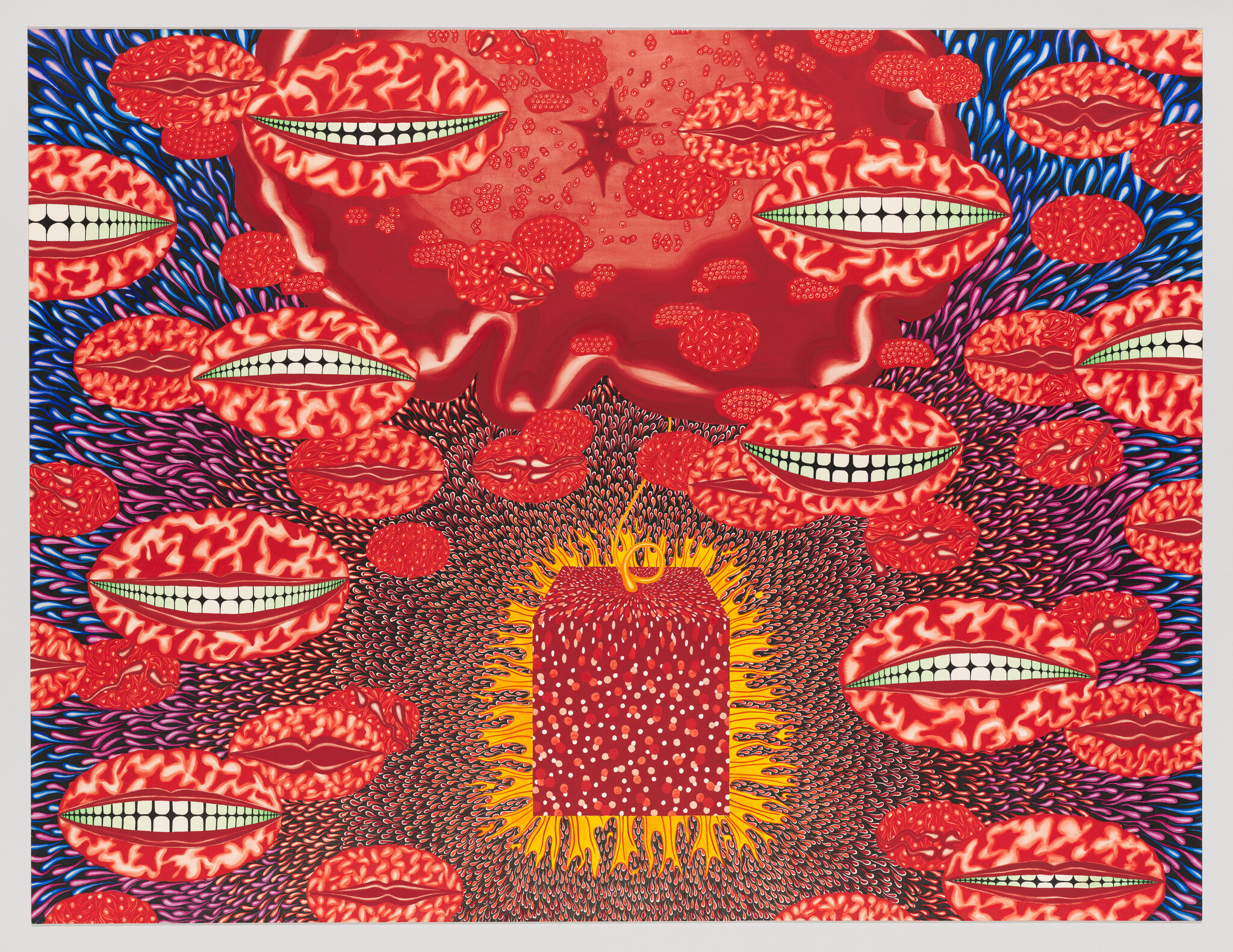 A vibrant and surreal artwork featuring numerous red lips with visible teeth set against a backdrop of swirling patterns in red, blue, and black. In the center, a figure resembling a candle with a flame for a head is surrounded by a halo of yellow and orange bursts, suggesting an aura or energy field. The overall effect is psychedelic and intense, with a strong emphasis on contrasting colors and repetitive motifs.