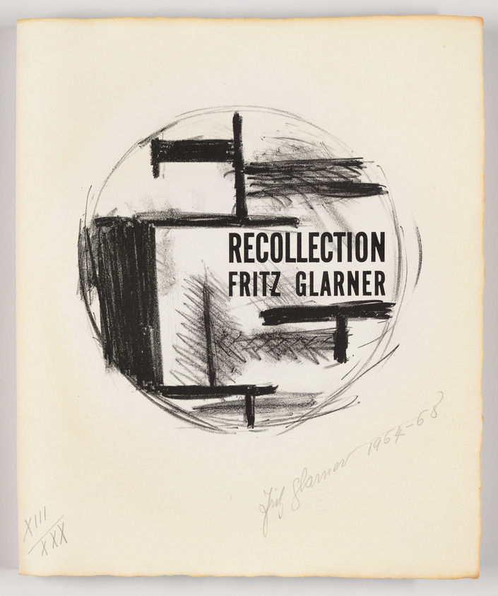 A sketch featuring abstract geometric shapes and lines with the words "RECOLLECTION FRITZ GLARNER" prominently displayed in the center. The artist's signature and the years 1964-68 are handwritten at the bottom right. Roman numerals appear at the bottom left. The artwork has a rough, expressive quality, with bold black strokes on a cream-colored background.
